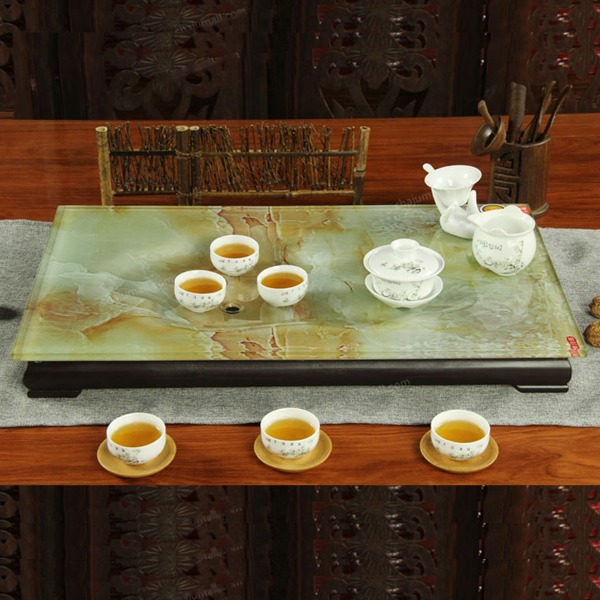 5Cgo 37292317461 玻璃茶盤實木底座功夫茶具現代琉璃茶臺泡茶石頭紋茶盤 61*36cm AGL00300