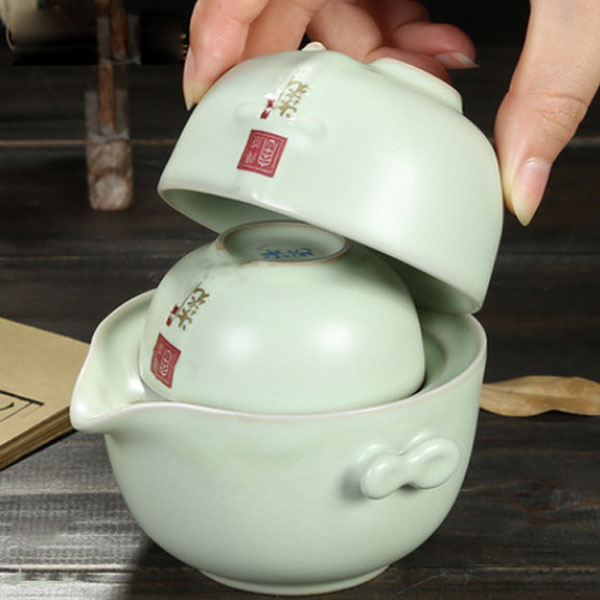 5Cgo 39434375024 汝窯茶具套裝快客杯一壺二兩杯旅行便攜陶瓷功夫茶具開片喝茶杯陶瓷碗  LAY85000