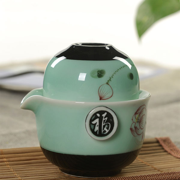 5Cgo 41482760962 茶壺青瓷快客杯手繪陶瓷一壺一杯蓋碗功夫茶具泡茶具喝茶杯彩繪釉色茶杯  LAY86000