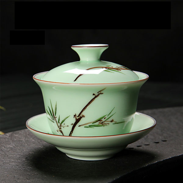 5Cgo 39395893520 手繪色釉蓋碗茶杯龍泉青瓷大號蓋碗陶瓷茶碗三才杯泡茶杯小瓷杯帶蓋杯帶杯墊  LAY08000
