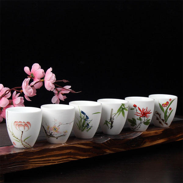 5Cgo 520259716124 陶瓷手繪荷花亞光品茗杯主人杯子定窯杯梅蘭竹菊杯功夫小茶杯茶具 六個杯  LAY41100