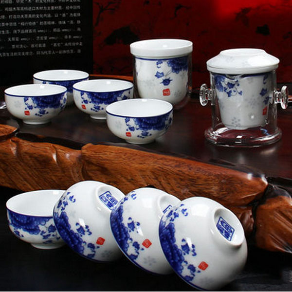 5Cgo 45664856021 功夫茶具必備套裝青花瓷紅茶泡套裝陶瓷泡茶蓋碗小口杯品茗杯公道杯 10件套  LAY82100
