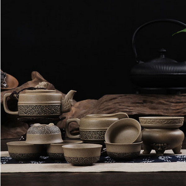 5Cgo 43438461232 複古粗陶茶具茶海茶杯老岩泥功夫茶具套裝茶壺茶杯紫砂古陶茶道 10件套  LAY84100