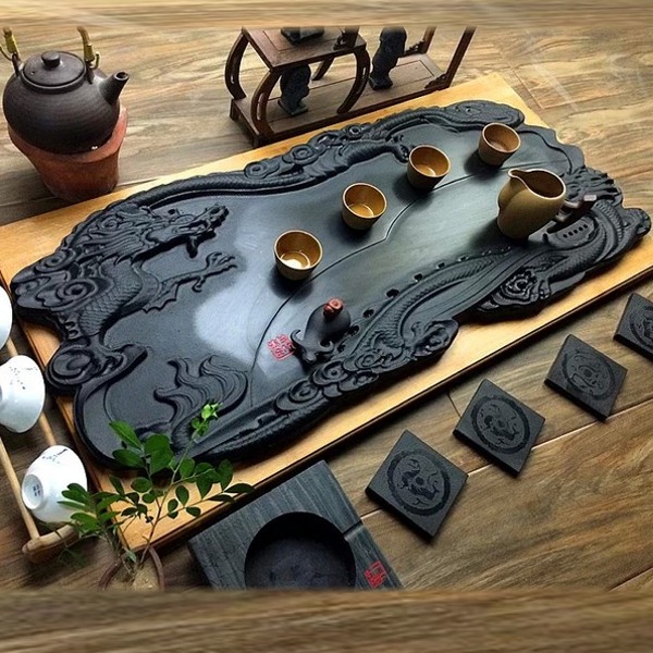 5Cgo 41807934581 祥龍雲遊黑玉石烏金石茶盤黑金石泡茶檯茶船浮雕龍紋 90*40 AGL02800