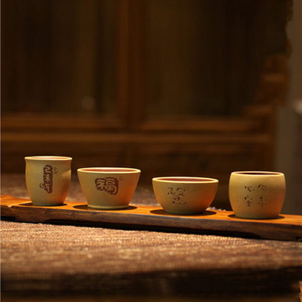 5Cgo 43739087124 宜興紫砂杯手工名家刻繪粉漿杯品茗杯茶盅原礦紫泥段泥喝茶杯功夫茶具 四個杯  LAY07300