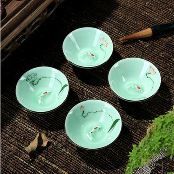 5Cgo 41988462682 陶瓷功夫茶杯手繪茶具品茗杯普洱茶杯高檔泡茶器金魚杯山水杯鬥笠杯 四個杯  LAY37000