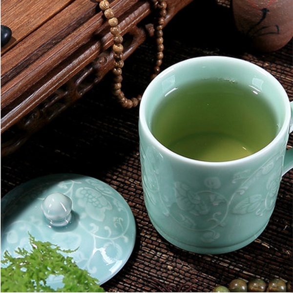 5Cgo 42755391380 青瓷浮雕茶杯陶瓷帶蓋高檔辦公水杯會議茶杯個人專用杯泡茶杯大容量   LAY93000