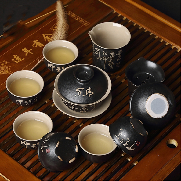 5Cgo 41267102368 雪花釉整套手繪唐詩功夫茶具禮品瓷家具套裝泡茶器黑色杯陶瓷杯小杯子 10件套  LAY86100