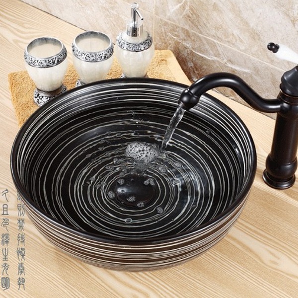 5Cgo 40341142601 景德鎮陶瓷洗手盆洗臉盆黑色線條條紋水槽臺上盆圓形藝術盆 AGL81200
