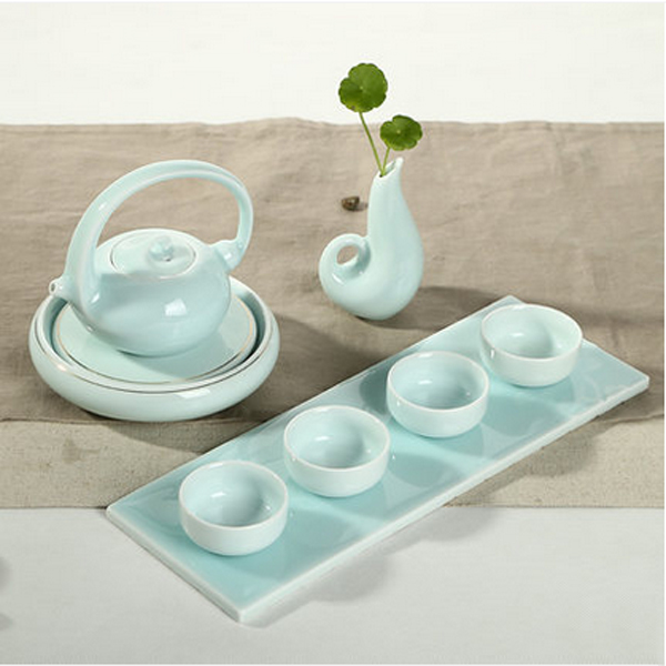5Cgo  42967015229 天青粉青青瓷茶具青釉陶瓷小套裝功夫茶具壺承茶托花插茶托茶盤小瓷杯 8件套  LAY03300