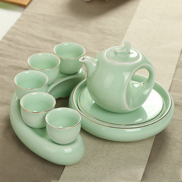 5Cgo  42967015229 天青粉青青瓷茶具青釉陶瓷小套裝功夫茶具壺承茶托花插茶托茶盤小瓷杯 8件套  LAY08200