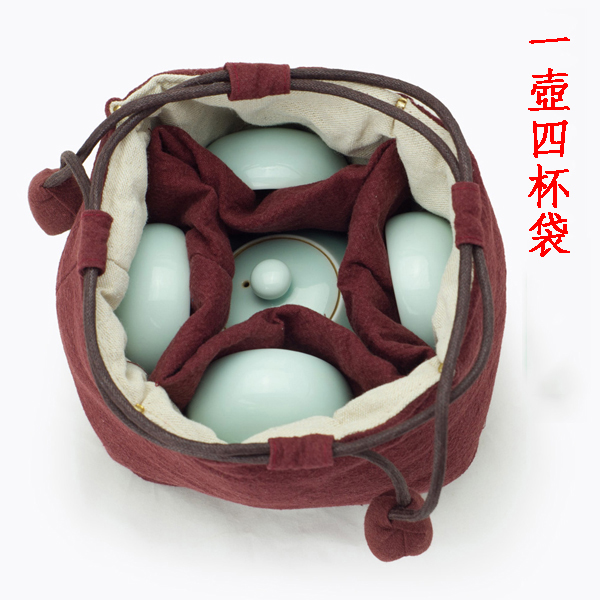 5Cgo 44950697656 壹壺四杯麻布收納袋茶杯袋茶壺袋抽繩布袋便攜旅行茶具包加棉加厚  LAY34000