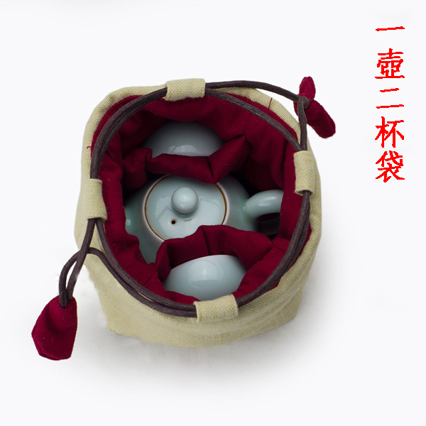 5Cgo 44950697656 壹壺二杯麻布收納袋茶杯袋茶壺袋抽繩布袋便攜旅行茶具包加棉加厚  LAY83000