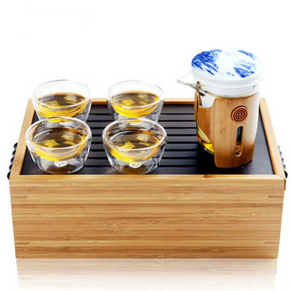 5Cgo 40262711666 功夫茶具套裝竹制茶盤青花瓷耐熱玻璃紅茶器旅行茶具花草茶具迷你泡茶用具  LA85200