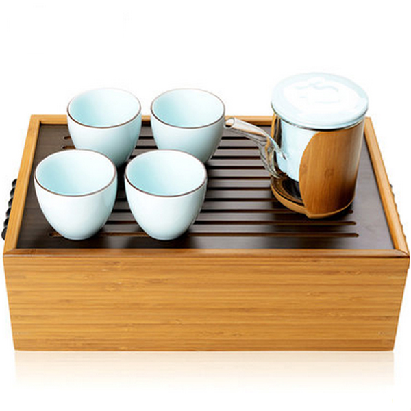 5Cgo 40262995159 功夫茶具套裝竹制茶盤青瓷耐熱玻璃紅茶器旅行茶具花草茶具便攜迷你泡茶  LAY86200