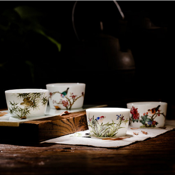 5Cgo 10281909841 景德鎮手繪陶瓷功夫茶具粉彩花鳥茶杯套裝個人品茗杯梅蘭竹菊花杯茶碗 四個杯  LAY07300