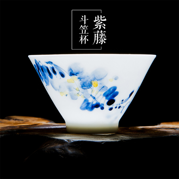5Cgo 520568439285 玉竹功夫茶具景德鎮陶瓷品茗杯手繪青花瓷個人杯茶盞茶具鬥笠杯 四個杯  LAY46000