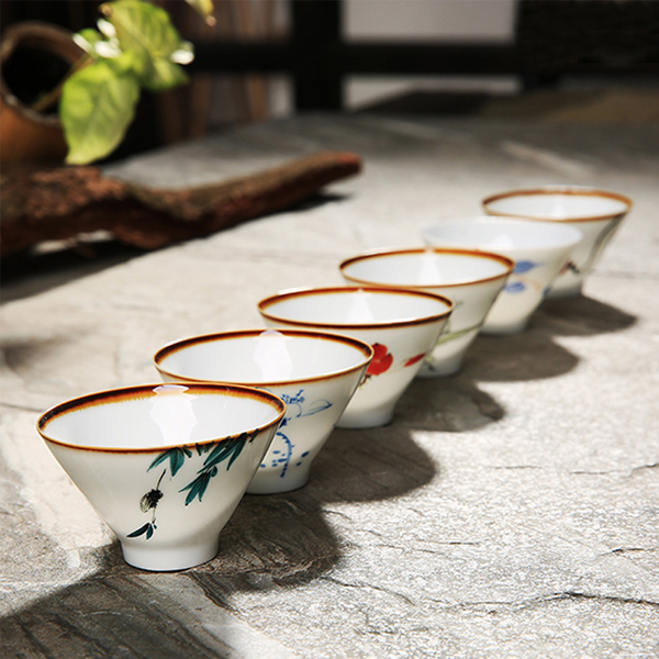 5Cgo 520606275171 景德鎮手繪陶瓷茶杯鬥笠杯功夫茶具品茗杯普洱杯茶碗主人杯泡茶杯 六個杯  LAY66000