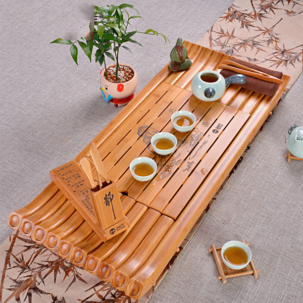 5Cgo 41885479041 竹茶盤大號排水式儲水式茶海茶托竹制茶盤功夫茶具九曲泛舟竹制竹排 77*32cm  LAY83200