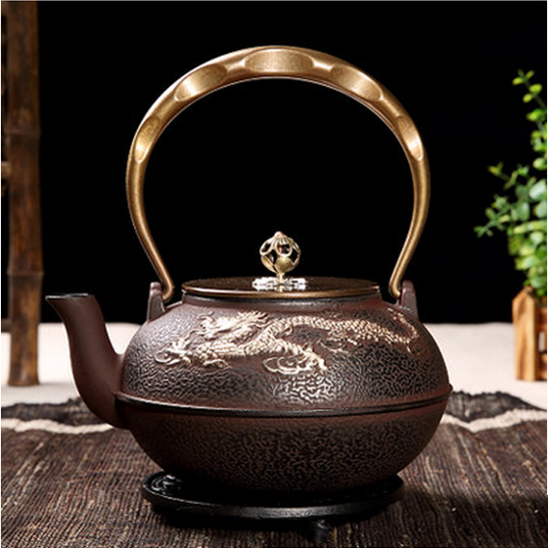 5Cgo 37915412424 脫蠟鑄鐵壺茶具茶壺銅提梁同蓋祥龍紋鐵壺日式老鐵壺燒水壺煮水壺 描金  LAY86200