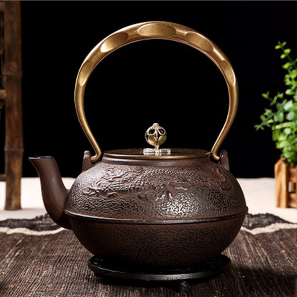 5Cgo 37915412424 脫蠟鑄鐵壺茶具茶壺銅提梁同蓋祥龍紋鐵壺日式老鐵壺燒水壺煮水壺 锈色  LAY89100