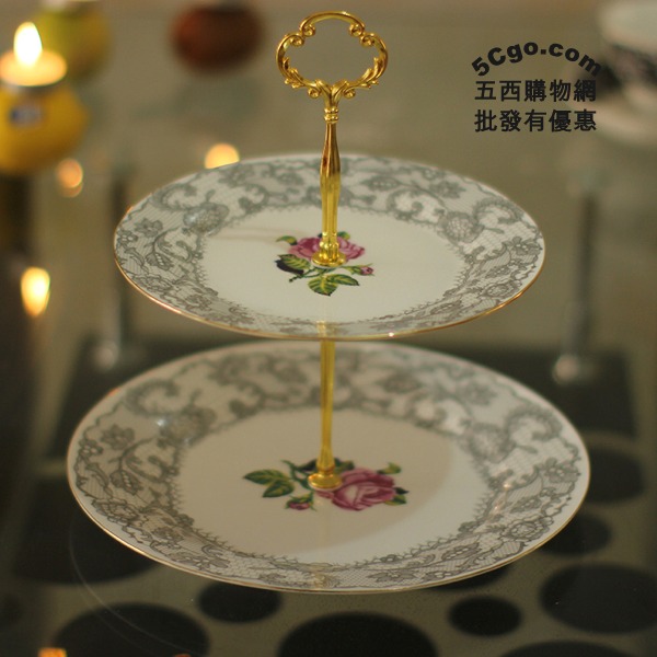5Cgo 531451740642 雙層歐式點心盤蕾絲花邊玫瑰點心架下午茶茶具餐具水果乾果盤子陶瓷蛋糕盤水果盤咖啡館 AGL10100_灰