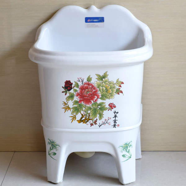 5Cgo 45162688110 陶瓷陽台拖布池大號彩花含下水器拖把池墩布池拖把盆拖布桶拖把槽衛生間大墩布池足浴SPA會所酒店花紋牡丹 CHX81300