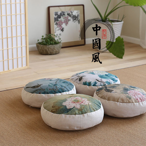 5Cgo 538840499476 中國風手繪布藝麻質蒲團飄窗坐墊子可拆洗打坐蒲團榻榻米禪室臥室書房品茗書房休閒花鳥彈力棉45*45cm CHX56000_壹