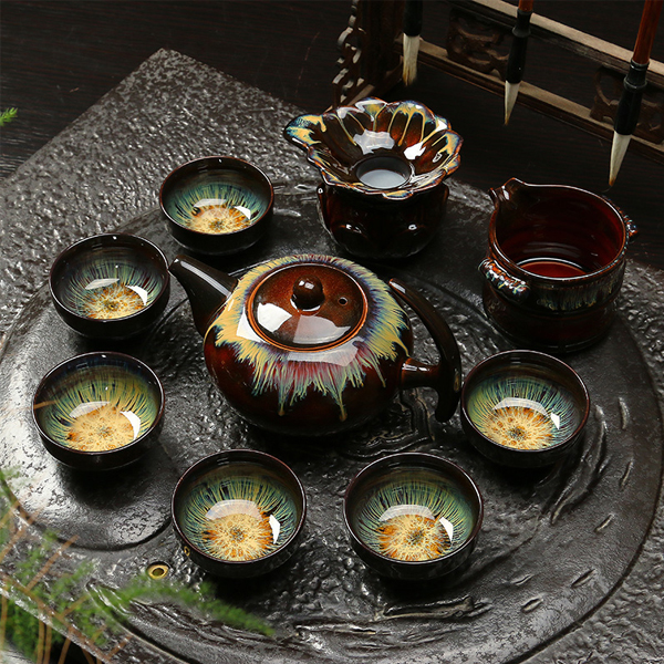 5Cgo 521396328340 建盞天目釉窯變冰裂孔雀形狀功夫茶具窯變茶具陶瓷套裝泡茶壺陶瓷杯 9件套  LAY89100
