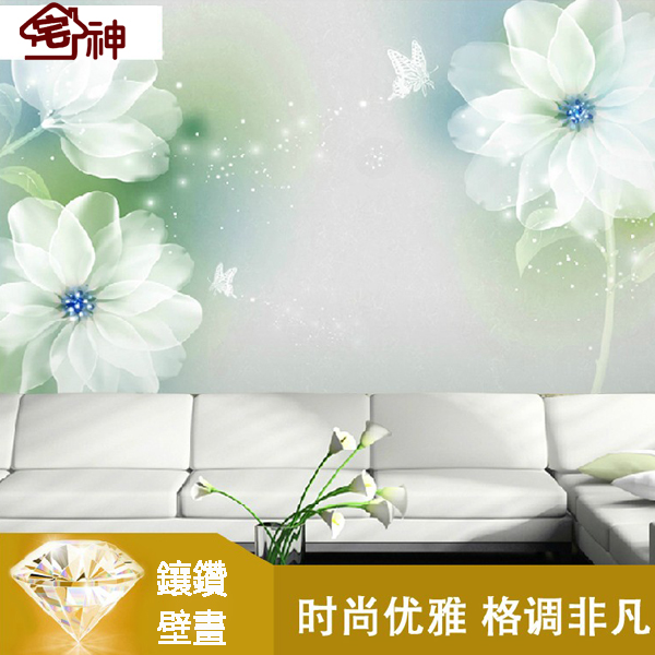 5Cgo 36288856432 代訂金鑲鑽電視背景牆紙壁畫客廳臥室白蓮花無縫牆布3d立體大型壁畫酒店餐廳大堂走廊簡約起居室書房玄關壁貼 CHX81200