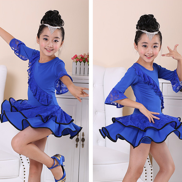 5Cgo 521787184385 兒童拉丁舞服裝秋冬中袖蕾絲舞裙演出服少兒拉丁舞裙練功服  GSX94000