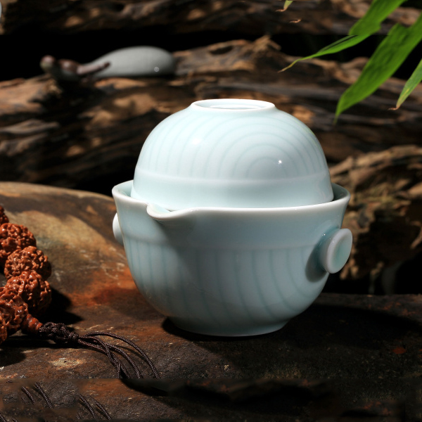 5Cgo  45401474560 龍泉青瓷手繪快客杯一壺一杯便捷式旅行茶具陶瓷蓋碗哥窯品茗杯茶碗  LAY53000