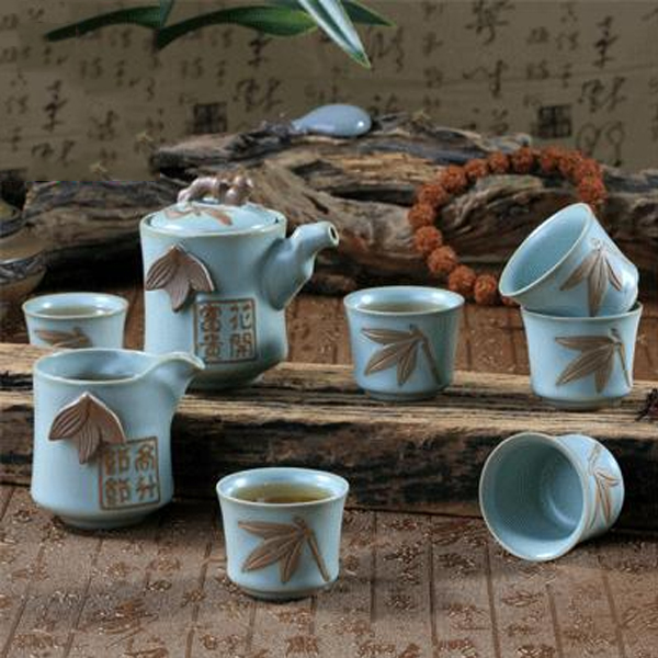 5Cgo  45436366814 汝窯茶具套裝功夫茶浮雕茶具整套茶杯陶瓷茶壺花開富貴竹葉茶壺茶杯 8件套  LAY78000