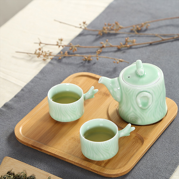 5Cgo  521606889784 青瓷快客杯一壺兩杯茶壺帶托盤茶具套裝便攜旅行茶具喝茶杯茶壺  LAY89000
