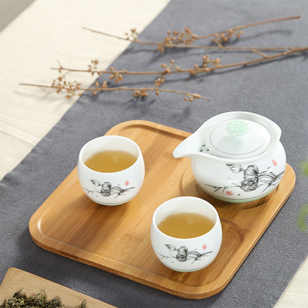 5Cgo  521606889784 青瓷快客杯一壺兩杯茶壺帶托盤茶具套裝便攜旅行茶具喝茶杯茶壺  LAY88000