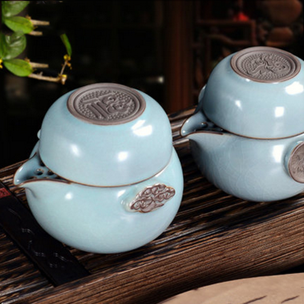 5Cgo 520590414129 汝窯陶瓷蓋碗茶杯功夫茶具套裝旅行快客杯一壺一杯大號個人杯喝茶杯  LAY64000