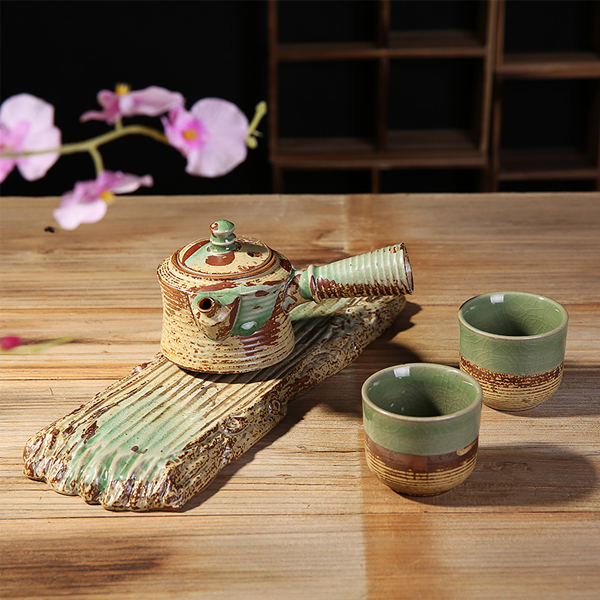 5Cgo  520363951289 幹泡台幹泡茶具粗陶哥窯快客杯一壺兩杯側把壺陶瓷便攜式茶壺套裝  LAY50100