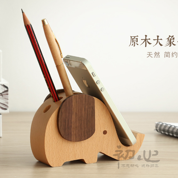 5Cgo 45549373418 親近自然實木多功能帶筆孔筆插大象手機座 辦公室桌面文具收納架擺件  GSX96000