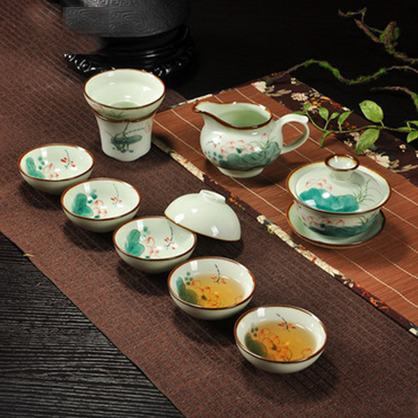 5Cgo  43143172458 手繪青瓷荷花整套功夫茶具茶杯青花瓷器陶瓷茶壺茶杯泡茶杯茶海公道杯  LAY85100