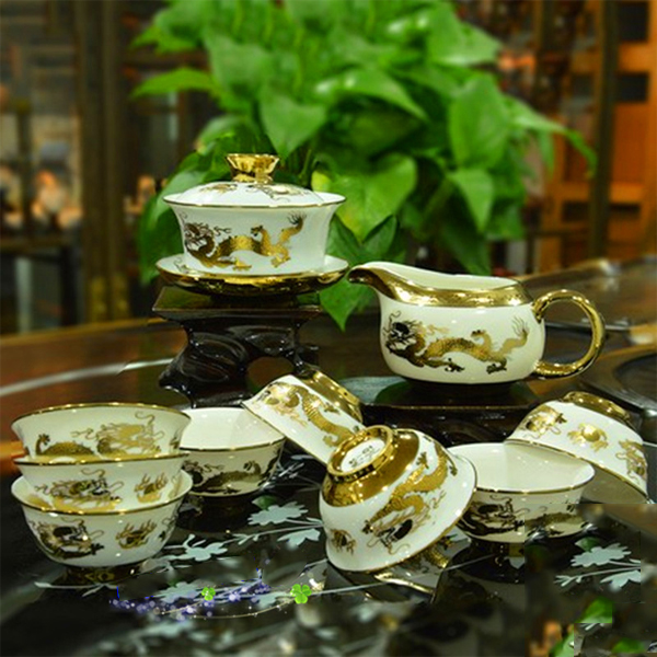 5Cgo 38226228456 高檔鍍金陶瓷茶具電鍍離子骨瓷套裝泡茶蓋碗茶杯高白玉瓷金龍功夫茶具  LAY88100