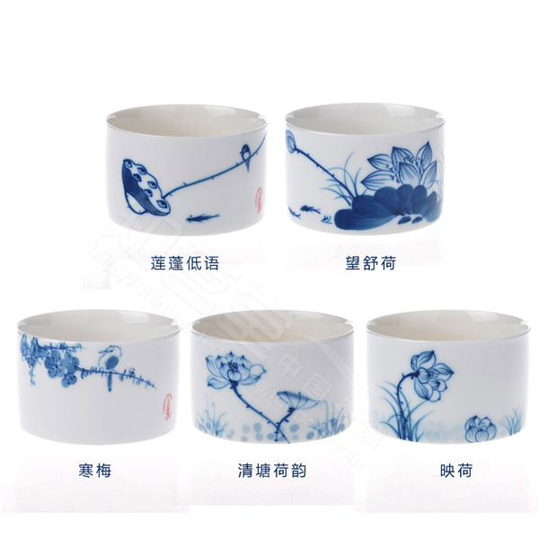 5Cgo  18288283915 手繪茶杯青花瓷茶杯功夫茶杯陶瓷釉下彩品茗杯大號直杯品茗杯 五個杯  LAY66000