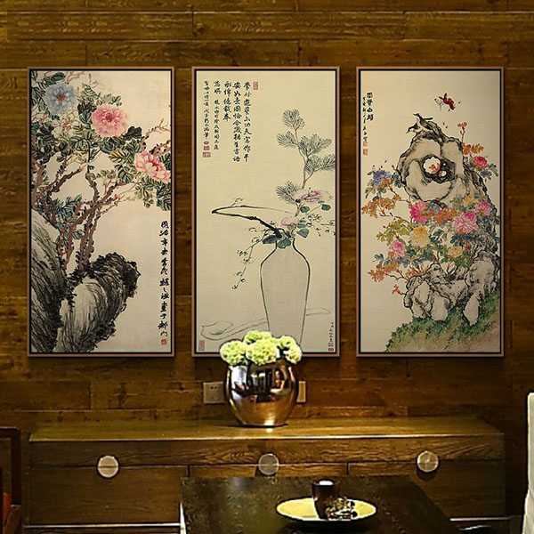 5Cgo 43377583956 居廉新中式古典現代客廳玄關書房花卉三聯豎版挂畫裝飾畫掛畫酒店玄關包廂茶室插花間會議室壁掛三聯壁畫壁飾花鳥圖 CHX87100