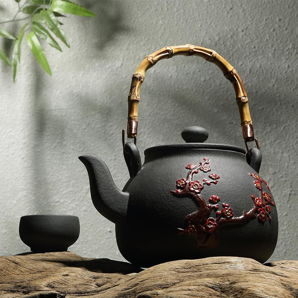5Cgo 521392299318 功夫茶具火山石養生煮茶燒水壺手繪梅花竹提梁電陶爐專用燒水陶壺   LAY82400