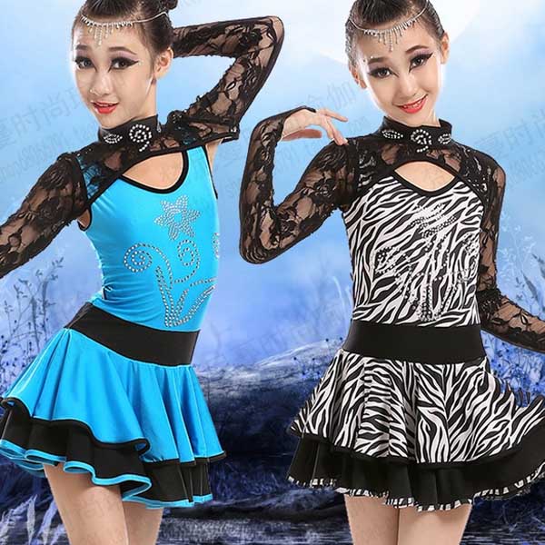 5Cgo 521783477259 兒童拉丁舞練功服女童蕾絲長袖拉丁舞裙秋冬季少兒拉丁演出服 有鑽款  GSX59100
