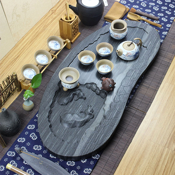 5Cgo 521963927980 天然整塊綠檀石茶盤牛趣黑玉石茶盤烏金石茶海浮雕茶盤茶具茶海 80*35cm  LAY41210