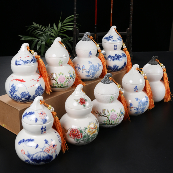 5Cgo 520737616146 葫蘆陶瓷茶葉罐青花瓷茶罐雪花密封罐西湖龍井綠茶普洱茶罐  LAY35000