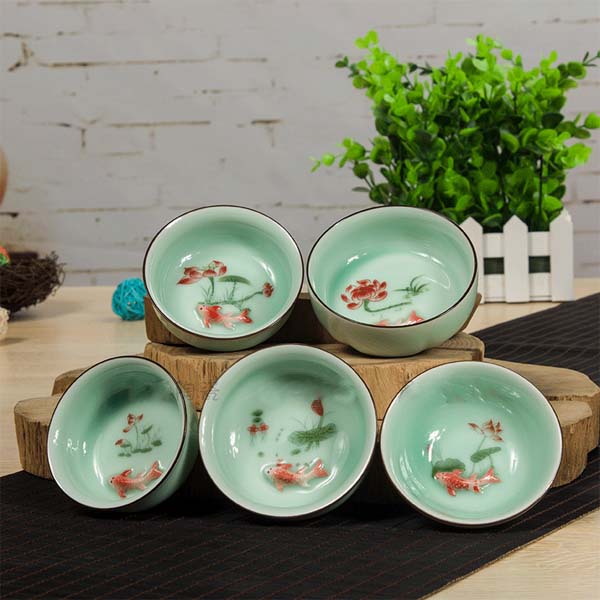 5Cgo 521001436990 龍泉青瓷茶杯荷花鯉魚杯手工陶瓷功夫茶具建盞品茗杯 6杯  LAY47000