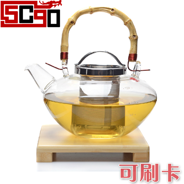 5Cgo 耐熱玻璃花草茶壺 提梁日式竹藝壺FH-276NTKPW送木托 P54100