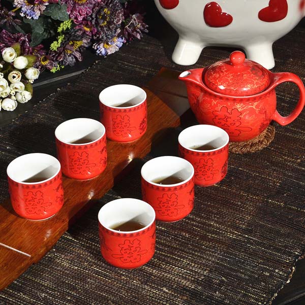 5Cgo  42431712975 景德鎮紅雙喜龍鳳瓷器紅色紅釉婚慶結婚禮品擺件茶具套裝過年用具  LAY15000