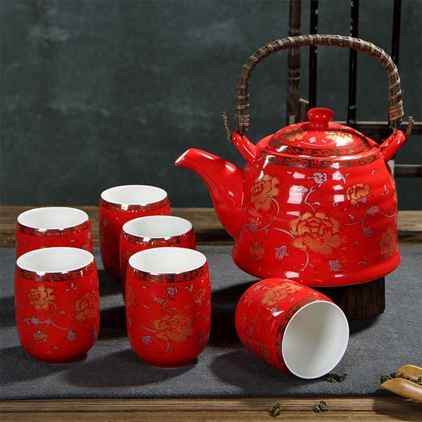 5Cgo  41515570630 大壺大杯紅金牡丹提梁壺7頭新婚茶具紅色茶杯紅色婚慶茶具套裝 LAY81100